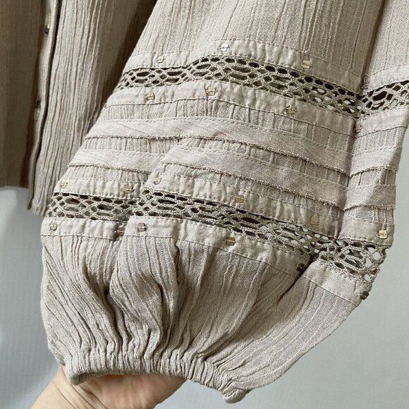 Free People Summer Stars Puffy-Sleeve Button Down Crochet Trim Top XS Brown - Picture 13 of 16